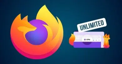 Firefox logo beside a VPN browser illustration with an 'UNLIMITED' stamp, implying unlimited VPN for Firefox users