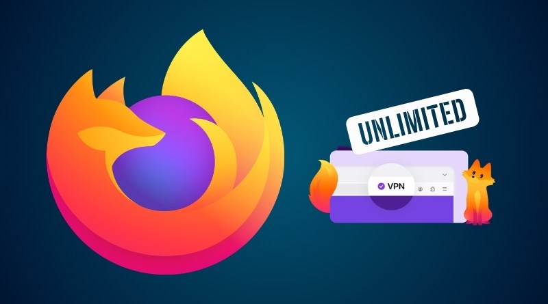 Firefox logo beside a VPN browser illustration with an 'UNLIMITED' stamp, implying unlimited VPN for Firefox users