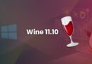 Promotional banner for Wine 11.10 showing a Windows logo, a wine glass, and a Linux penguin with abstract code graphics.