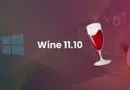 Promotional banner for Wine 11.10 showing a Windows logo, a wine glass, and a Linux penguin with abstract code graphics.