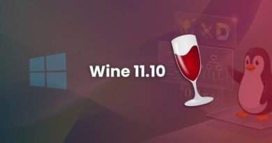 Promotional banner for Wine 11.10 showing a Windows logo, a wine glass, and a Linux penguin with abstract code graphics.