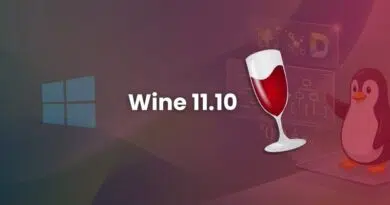 Promotional banner for Wine 11.10 showing a Windows logo, a wine glass, and a Linux penguin with abstract code graphics.