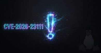 Neon blue exclamation mark with 'CVE-2026-23111' on a dark circuit background; a Linux penguin sits in the right corner as a security illustration.