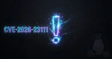 Neon blue exclamation mark with 'CVE-2026-23111' on a dark circuit background; a Linux penguin sits in the right corner as a security illustration.