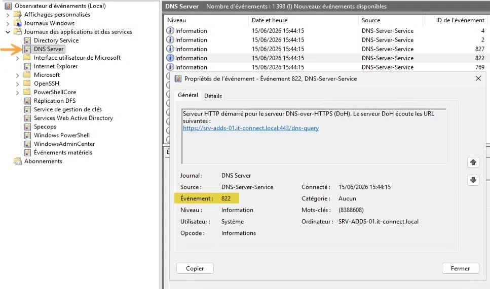 Screenshot of Windows Event Viewer showing DNS Server events; Event 822 highlighted for a DNS-Server-Service log entry.