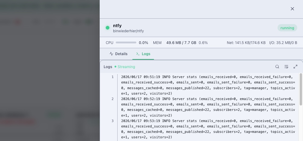 ntfy dashboard: service is running with a Logs streaming tab showing server stats lines