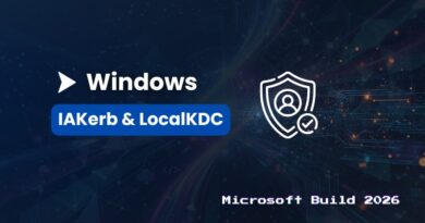 Windows branding with a blue badge reading 'IAKerb & LocalKDC' and a security shield icon, 'Microsoft Build 2026' caption at the bottom.