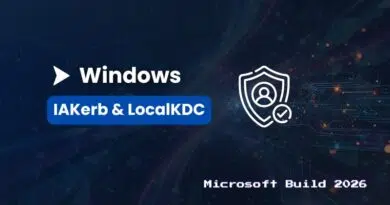 Windows branding with a blue badge reading 'IAKerb & LocalKDC' and a security shield icon, 'Microsoft Build 2026' caption at the bottom.