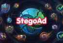 StegoAd logo in bold red and white sits over a glowing cracked blue orb, surrounded by gaming and security icons in a sci-fi theme (illustration).