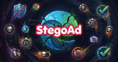StegoAd logo in bold red and white sits over a glowing cracked blue orb, surrounded by gaming and security icons in a sci-fi theme (illustration).
