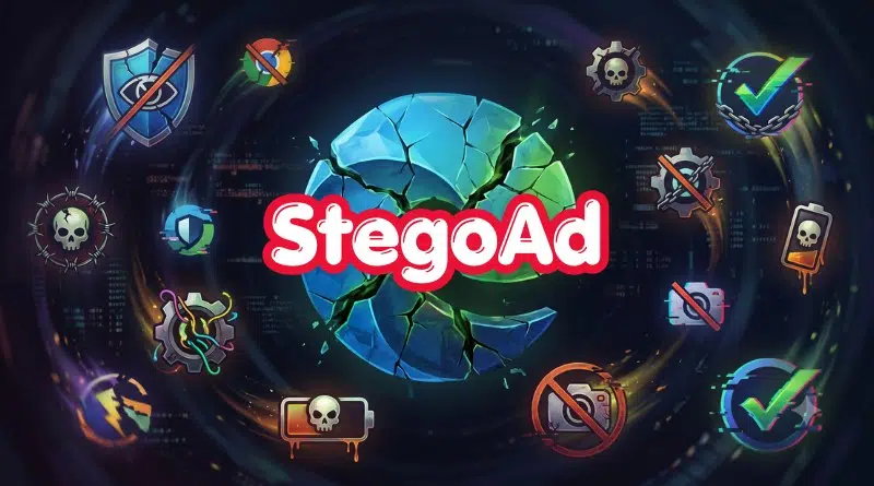 StegoAd logo in bold red and white sits over a glowing cracked blue orb, surrounded by gaming and security icons in a sci-fi theme (illustration).