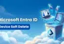 Banner promoting Microsoft Entra ID Device Soft Delete with a glowing blue trash bin and floating devices (laptop, phones) against a cloud-like blue background.