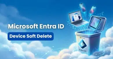 Banner promoting Microsoft Entra ID Device Soft Delete with a glowing blue trash bin and floating devices (laptop, phones) against a cloud-like blue background.