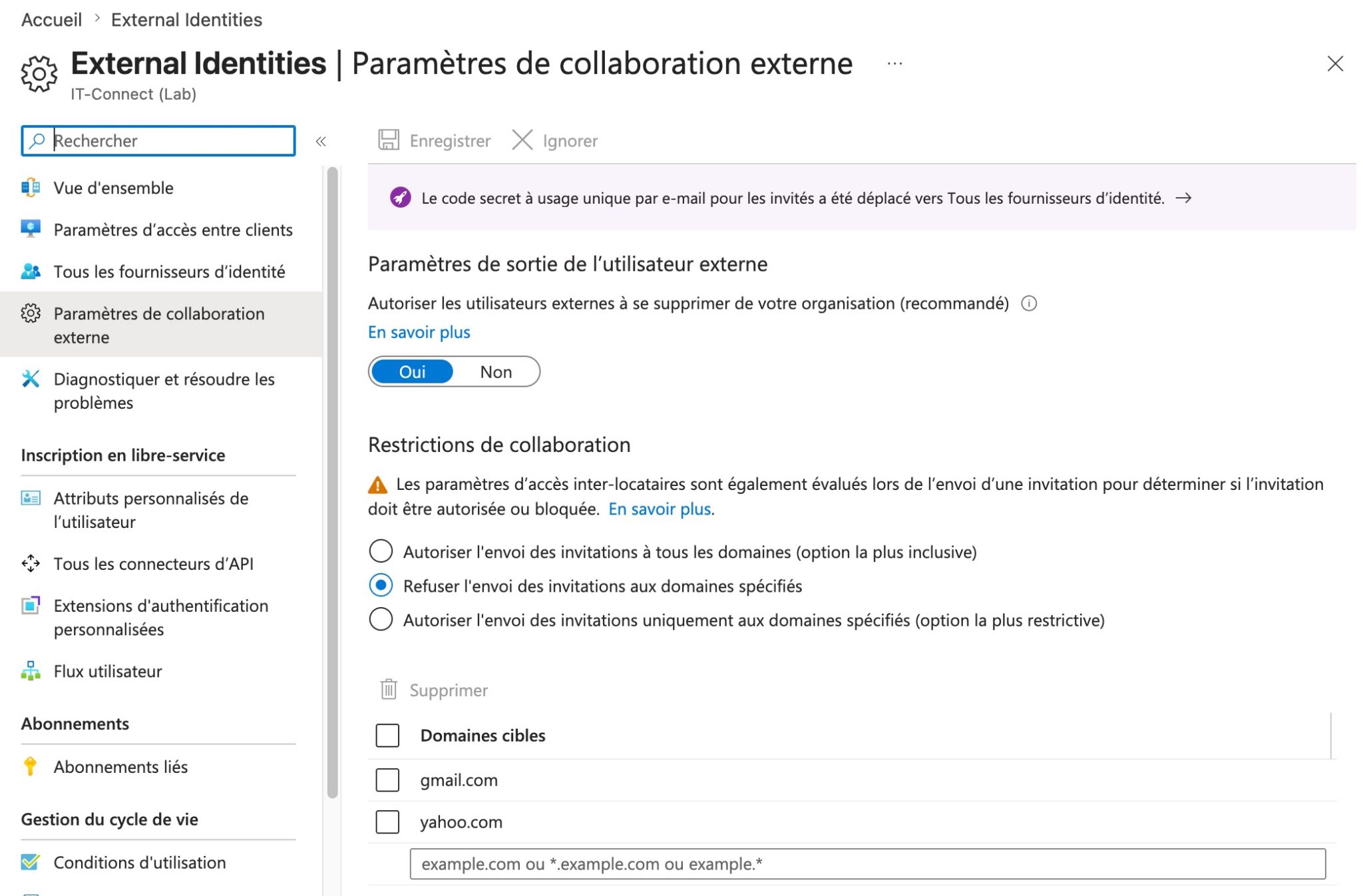 External identities settings screen: left sidebar and content area showing external collaboration settings