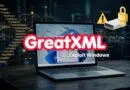 Laptop with cracked screen and the 'GreatXML Exploit Windows' text, surrounded by code and security icons, signaling a software vulnerability.