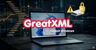 Laptop with cracked screen and the 'GreatXML Exploit Windows' text, surrounded by code and security icons, signaling a software vulnerability.