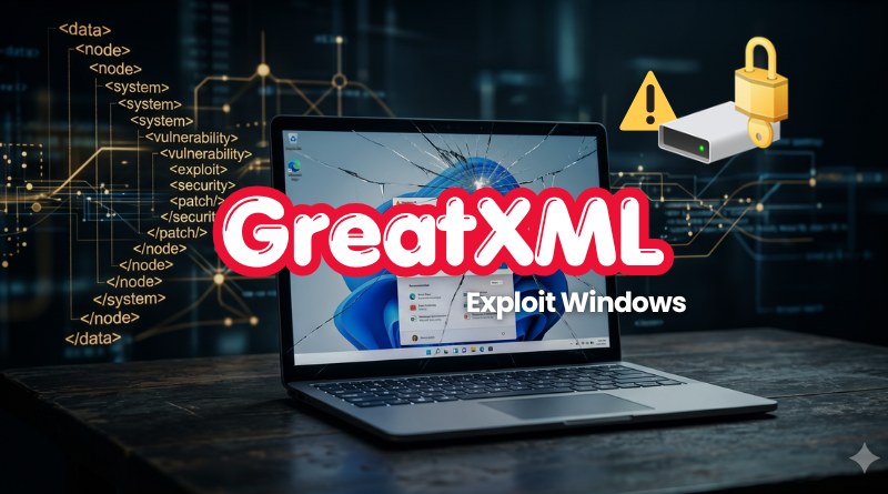 Laptop with cracked screen and the 'GreatXML Exploit Windows' text, surrounded by code and security icons, signaling a software vulnerability.