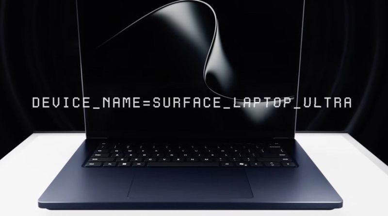 Laptop with a display showing 'DEVICE_NAME=SURFACE_LAPTOP_ULTRA' on a dark screen.
