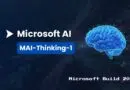 Microsoft AI branding with a blue brain graphic and a MAI-Thinking-1 badge on a dark abstract background.