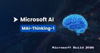 Microsoft AI branding with a blue brain graphic and a MAI-Thinking-1 badge on a dark abstract background.