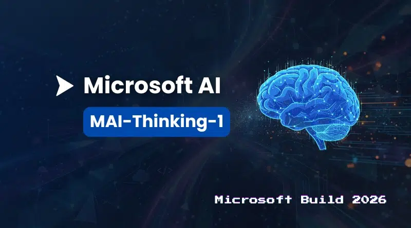 Microsoft AI branding with a blue brain graphic and a MAI-Thinking-1 badge on a dark abstract background.
