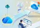 Illustration of a person at a desk using a computer, with cloud icons, a globe, and a banner reading Cloud Microsoft, signaling cloud services and OneDrive.