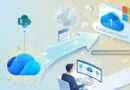 Illustration of a person at a desk using a computer, with cloud icons, a globe, and a banner reading Cloud Microsoft, signaling cloud services and OneDrive.
