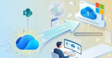 Illustration of a person at a desk using a computer, with cloud icons, a globe, and a banner reading Cloud Microsoft, signaling cloud services and OneDrive.