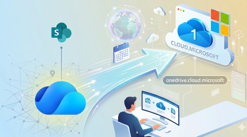 Illustration of a person at a desk using a computer, with cloud icons, a globe, and a banner reading Cloud Microsoft, signaling cloud services and OneDrive.