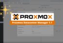 Brand banner for Proxmox Datacenter Manager 1.1 overlaying a Proxmox management UI
