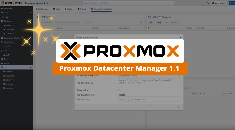 Brand banner for Proxmox Datacenter Manager 1.1 overlaying a Proxmox management UI
