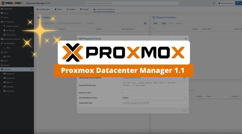 Brand banner for Proxmox Datacenter Manager 1.1 overlaying a Proxmox management UI