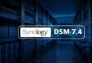 Promotional banner showing the Synology DSM 7.4 logo over glowing server racks in a data center.