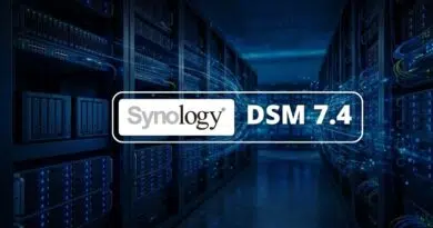 Promotional banner showing the Synology DSM 7.4 logo over glowing server racks in a data center.