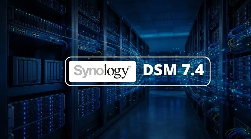 Promotional banner showing the Synology DSM 7.4 logo over glowing server racks in a data center.