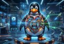Futuristic lab scene with Tux the penguin wearing a cybernetic suit and a glowing Linux Kernel 7.1 chip on its chest.