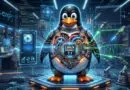 Futuristic lab scene with Tux the penguin wearing a cybernetic suit and a glowing Linux Kernel 7.1 chip on its chest.