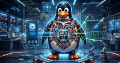 Futuristic lab scene with Tux the penguin wearing a cybernetic suit and a glowing Linux Kernel 7.1 chip on its chest.