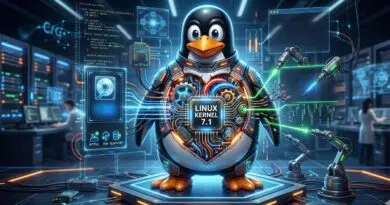 Futuristic lab scene with Tux the penguin wearing a cybernetic suit and a glowing Linux Kernel 7.1 chip on its chest.