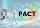 Futuristic figure walking toward a glowing holographic circle labeled PACT with digital panels and geometric lights around.