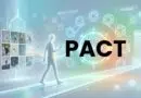 Futuristic figure walking toward a glowing holographic circle labeled PACT with digital panels and geometric lights around.