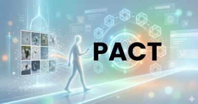 Futuristic figure walking toward a glowing holographic circle labeled PACT with digital panels and geometric lights around.