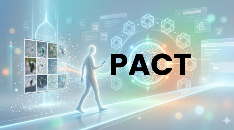 Futuristic figure walking toward a glowing holographic circle labeled PACT with digital panels and geometric lights around.