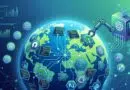 Global globe surrounded by floating AI and tech icons, with a robotic arm illustrating automation and global connectivity.