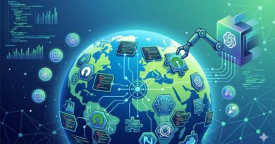 Global globe surrounded by floating AI and tech icons, with a robotic arm illustrating automation and global connectivity.