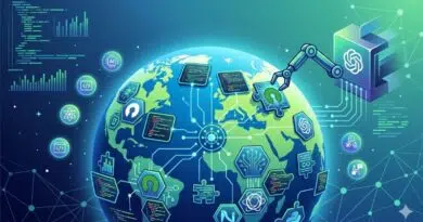 Global globe surrounded by floating AI and tech icons, with a robotic arm illustrating automation and global connectivity.