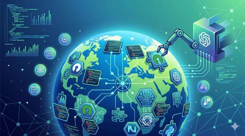 Global globe surrounded by floating AI and tech icons, with a robotic arm illustrating automation and global connectivity.