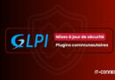 GLPI banner announcing security updates and community plugins, with IT-Connect logo on a red gradient background.