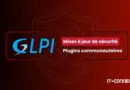 GLPI banner announcing security updates and community plugins, with IT-Connect logo on a red gradient background.