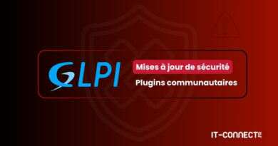 GLPI banner announcing security updates and community plugins, with IT-Connect logo on a red gradient background.